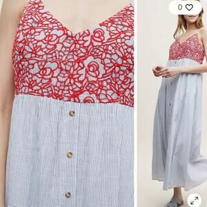 Anthropologie Chic Red Lace Bodice and Blue Pin Striped Skirt Summer Dress